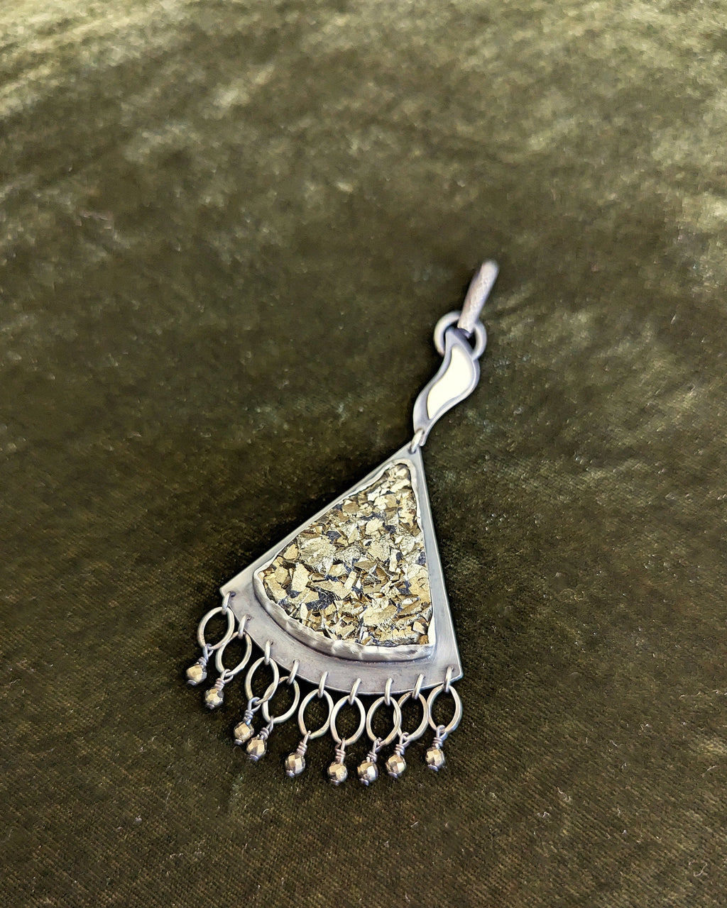 Gold sparkling druzy stone set in oxidized sterling silver and brass pendant