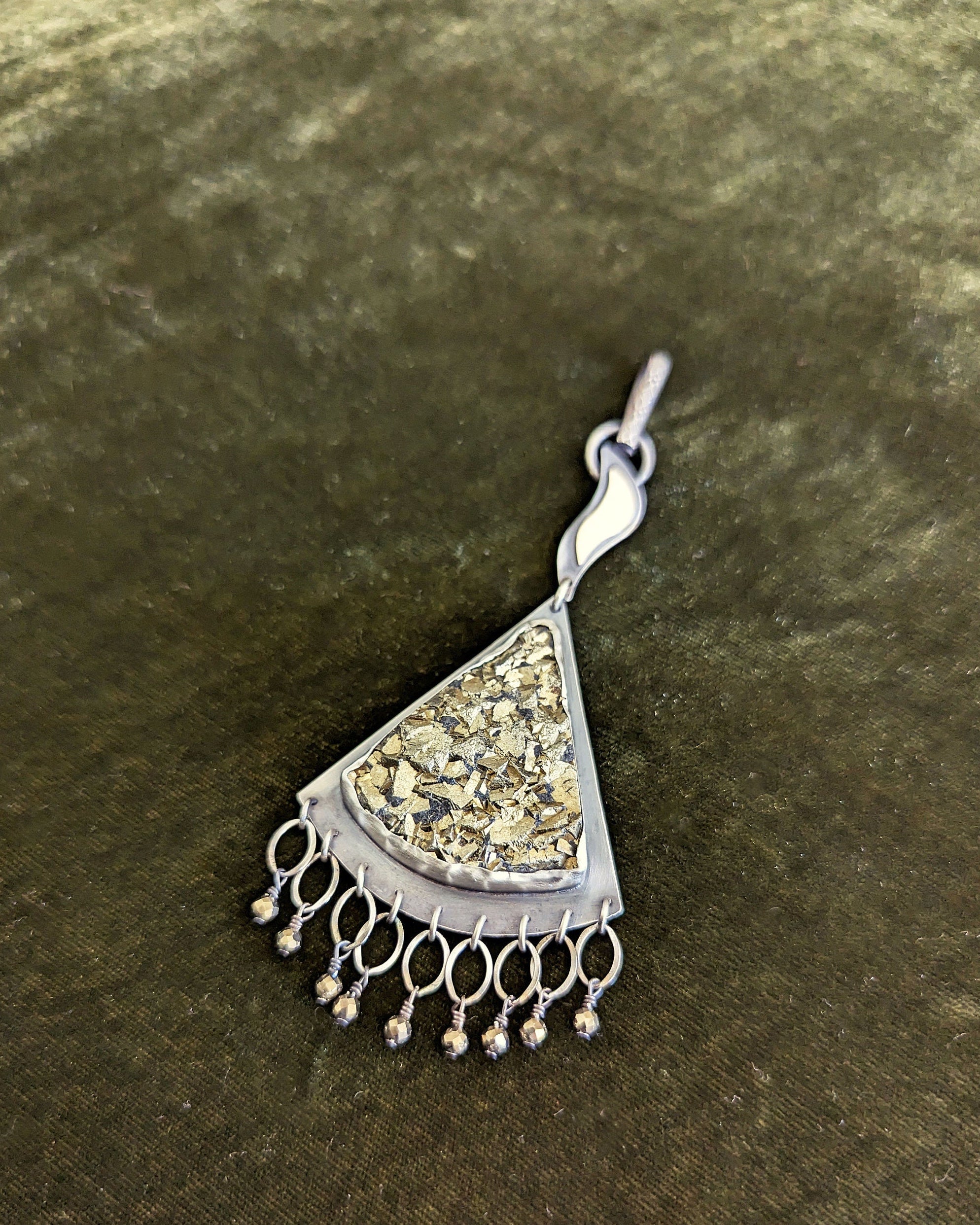 Gold sparkling druzy stone set in oxidized sterling silver and brass pendant