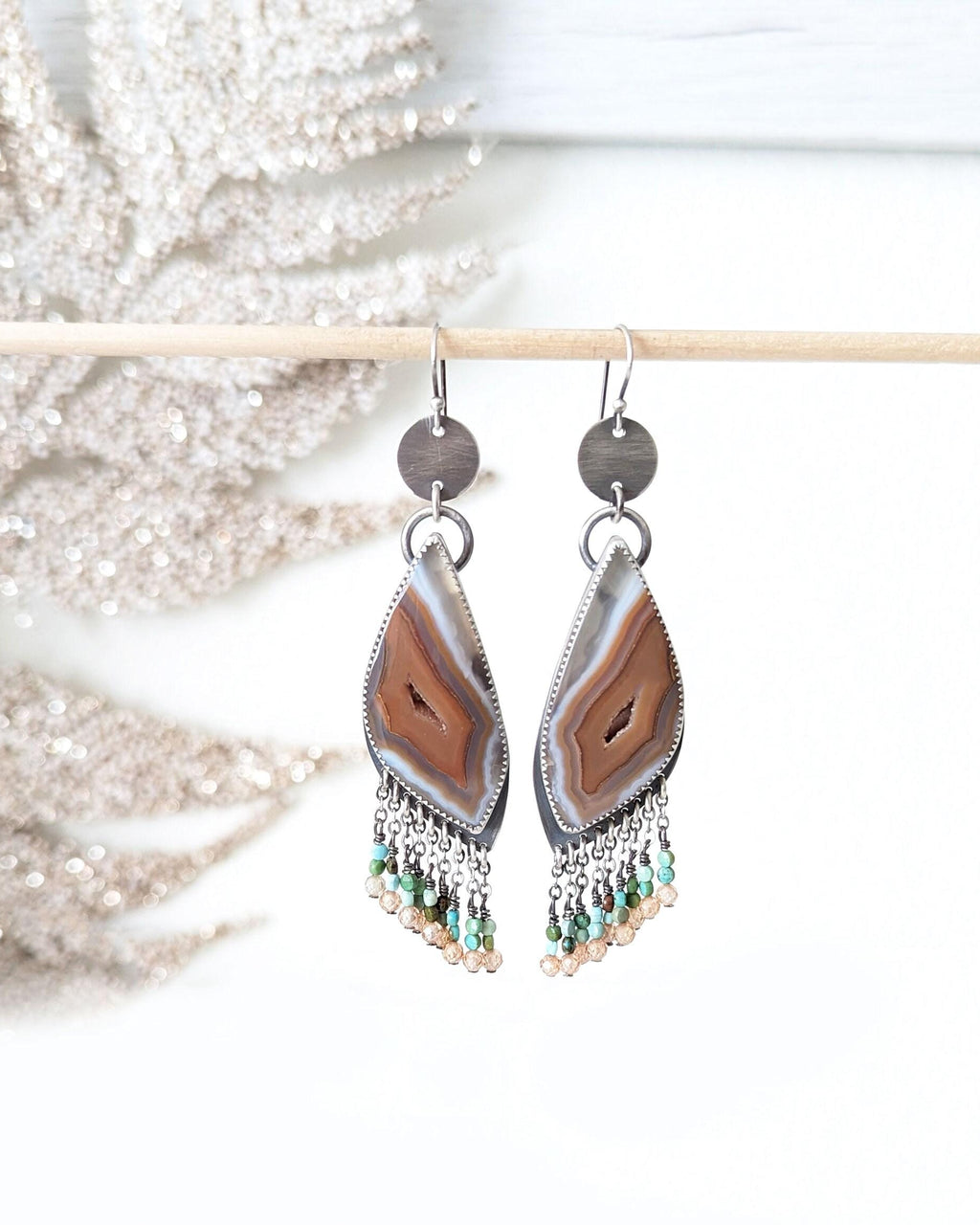 Natural druzy agate drop earrings with turquoise bead accents