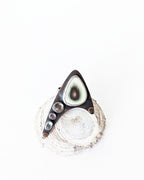 Asymmetrical imperial jasper wide band ring in oxidized sterling silver