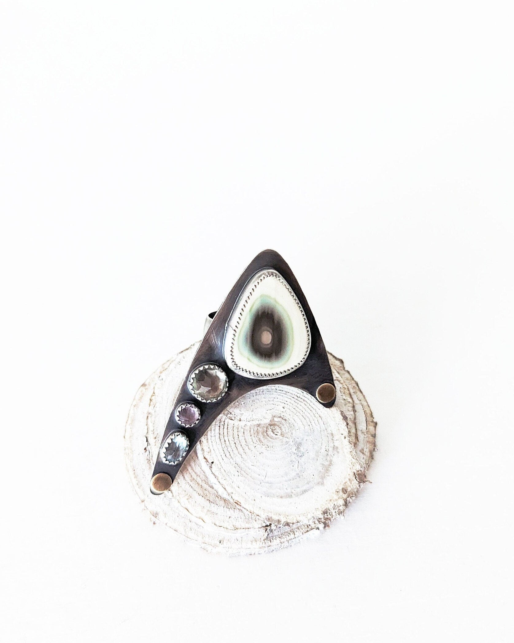 Asymmetrical imperial jasper wide band ring in oxidized sterling silver
