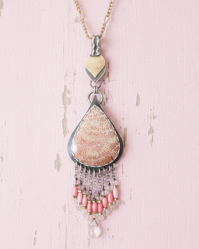 Pink coral and rose quartz bead fringe beneath fossil stone on chain (not included)