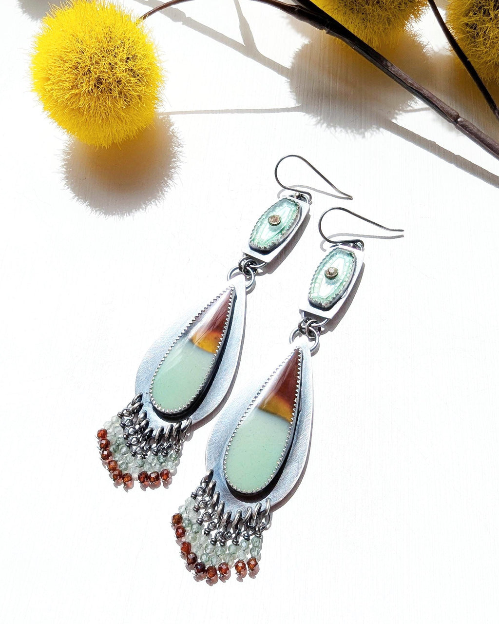 Vintage style leaf drop earrings with opalized wood and rhinestone detail