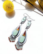 Vintage style leaf drop earrings with opalized wood and rhinestone detail