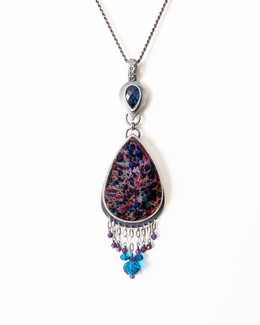 Rainbow fire labradorite pendant in oxidized sterling silver setting on chain (not included)