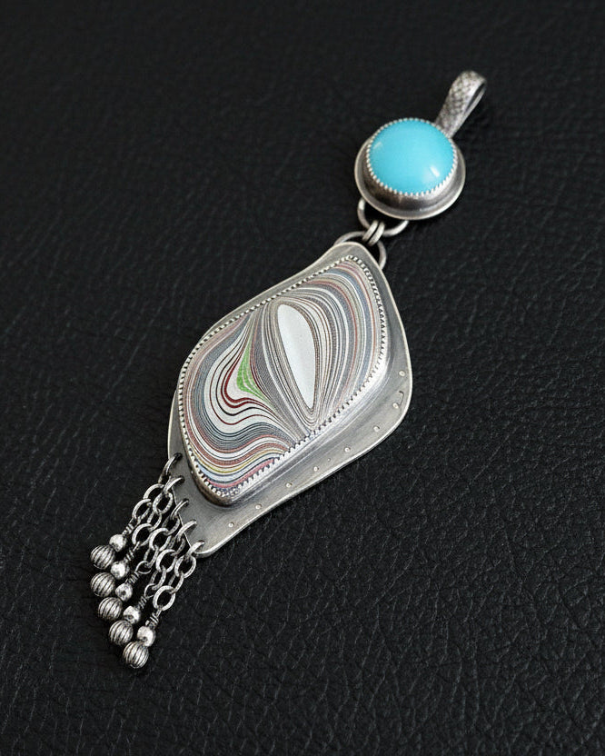 Ocean blue chalcedony pendant with metallic pyrite bead fringe