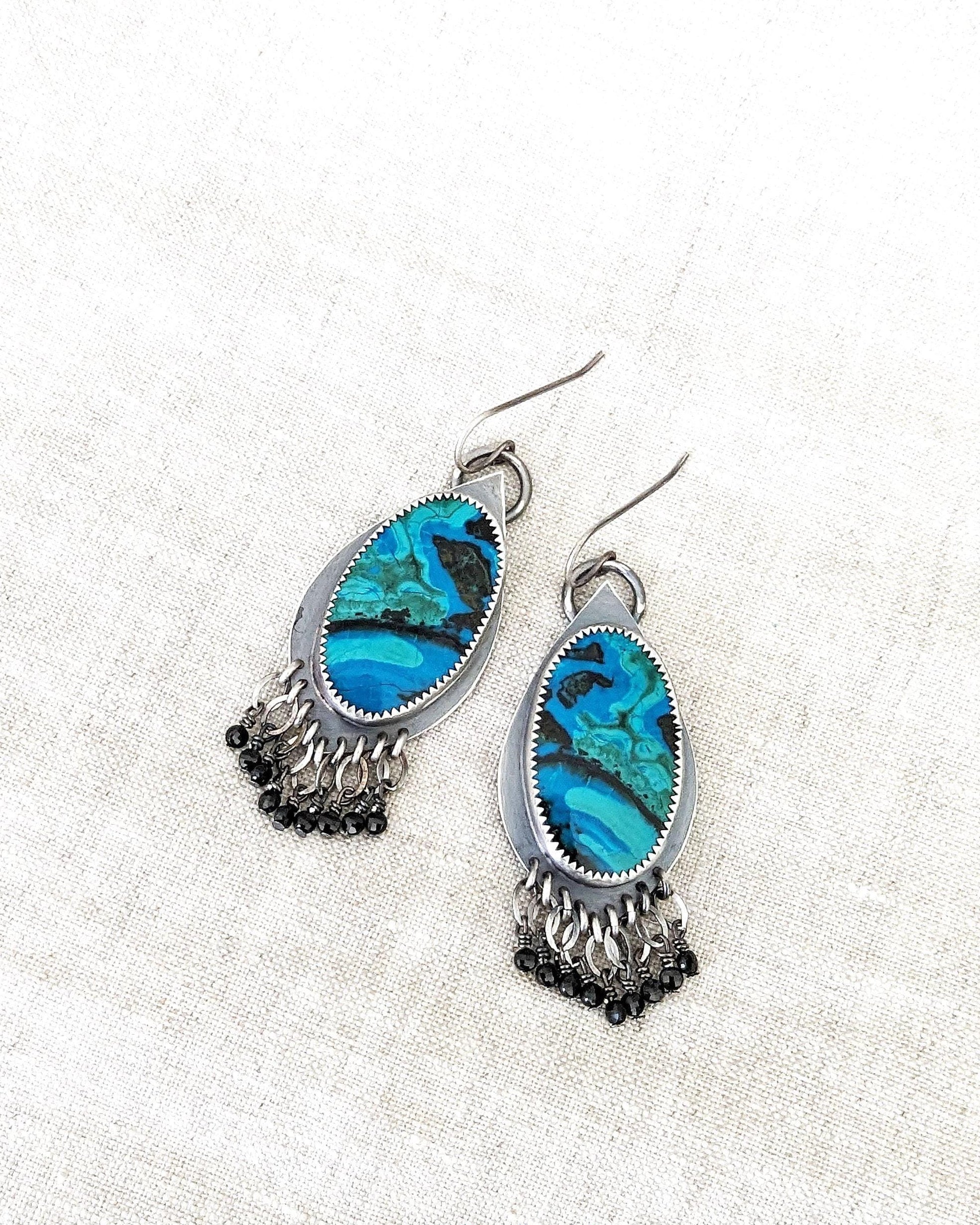 Mediumweight ocean tone gemstone earrings with bead fringe