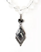 Black and white basalt writing stone statement pendant with diamond frame on chain (not Included)