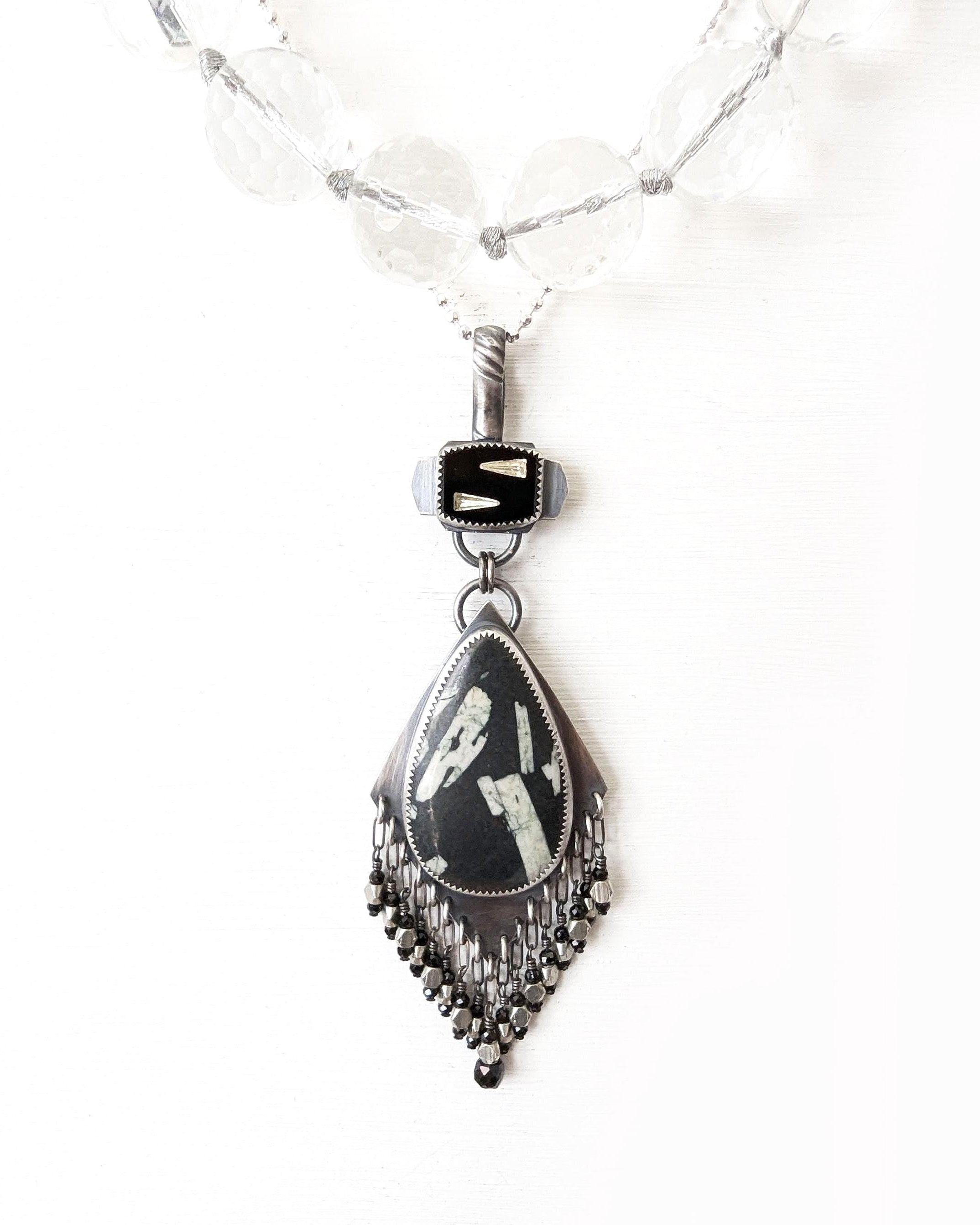 Black and white basalt writing stone statement pendant with diamond frame on chain (not Included)