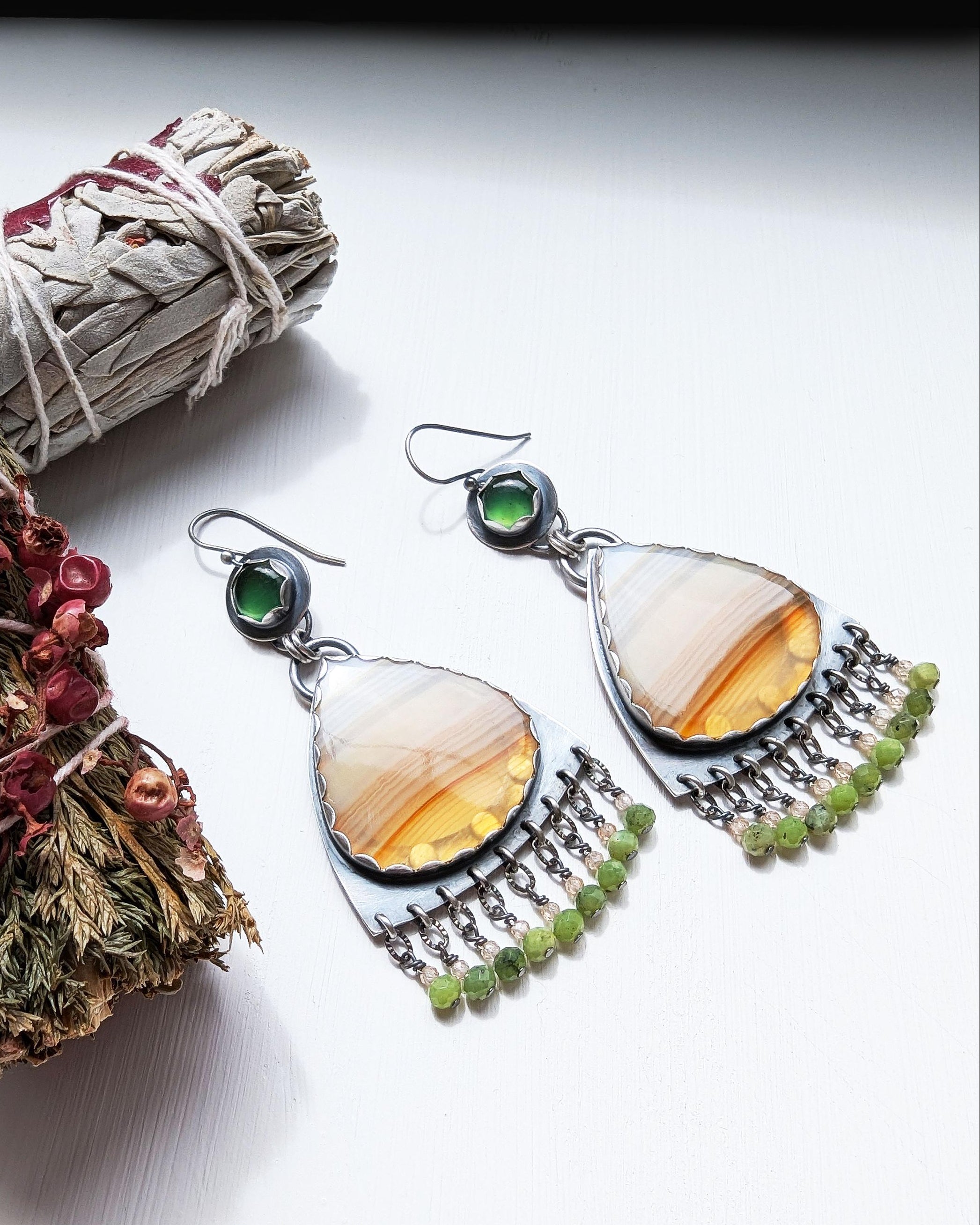 Artisan statement earrings with serpentine stone and peek a boo industrial accents