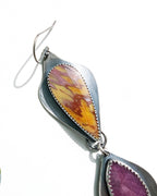 Close up of  bold jasper  and sapphire drop earrings