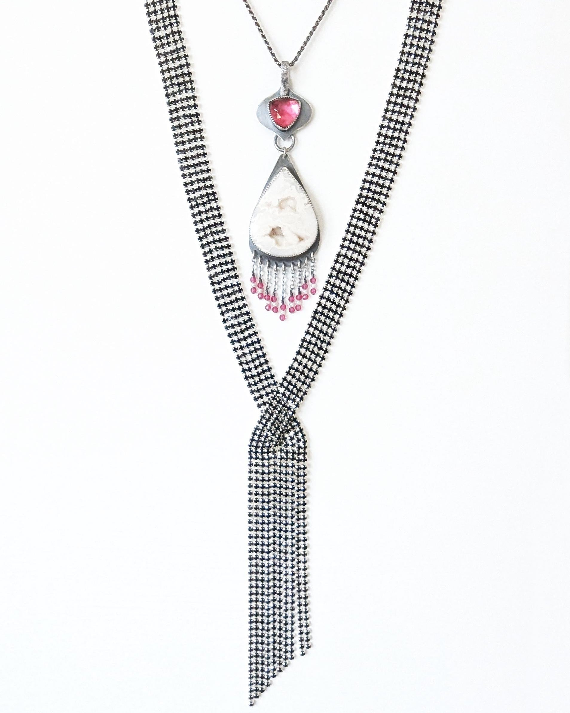 Pink and white gemstone artisan pendant shown on chain with fun layering necklace to show styling option (not included)