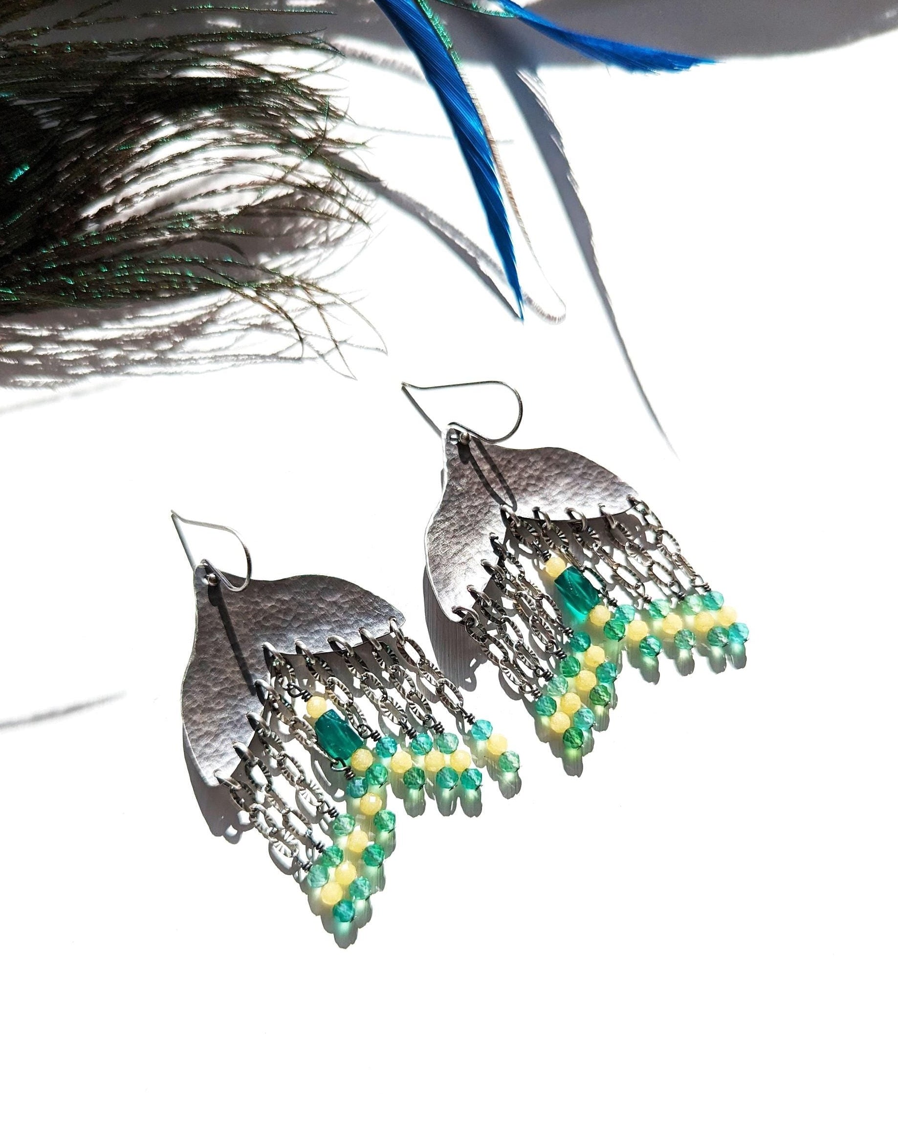 Hammered sterling silver petal drop earrings with gemstone fringe