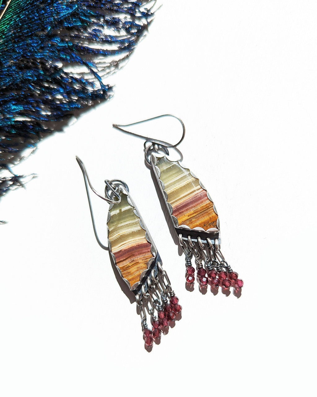 Green onyx and rhodolite garnet earrings in oxidized sterling silver