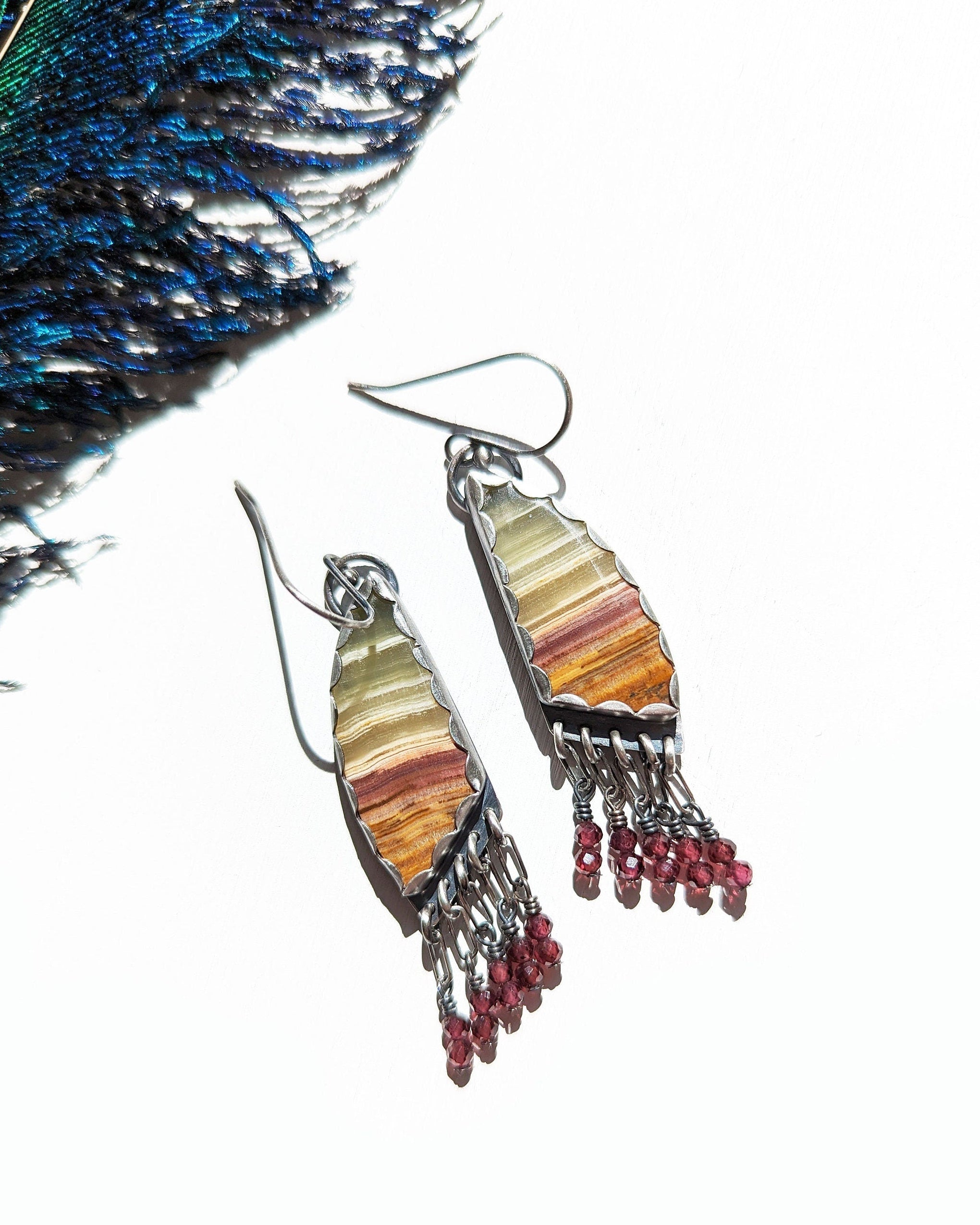 Green onyx and rhodolite garnet earrings in oxidized sterling silver