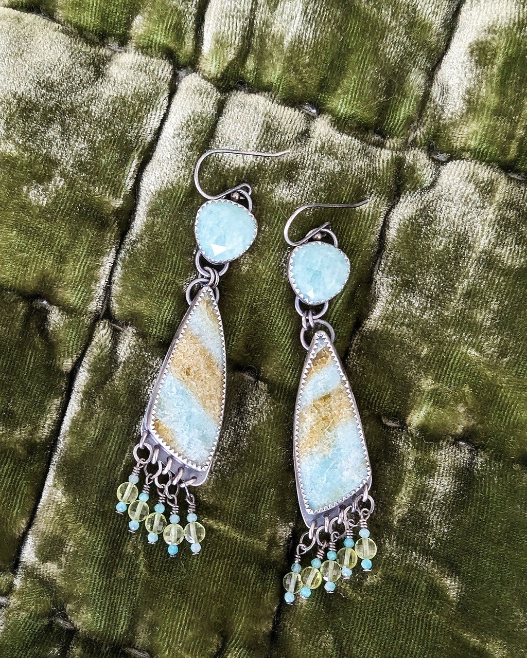 Ocean inspired dangle earrings with rose cut amazonite stones