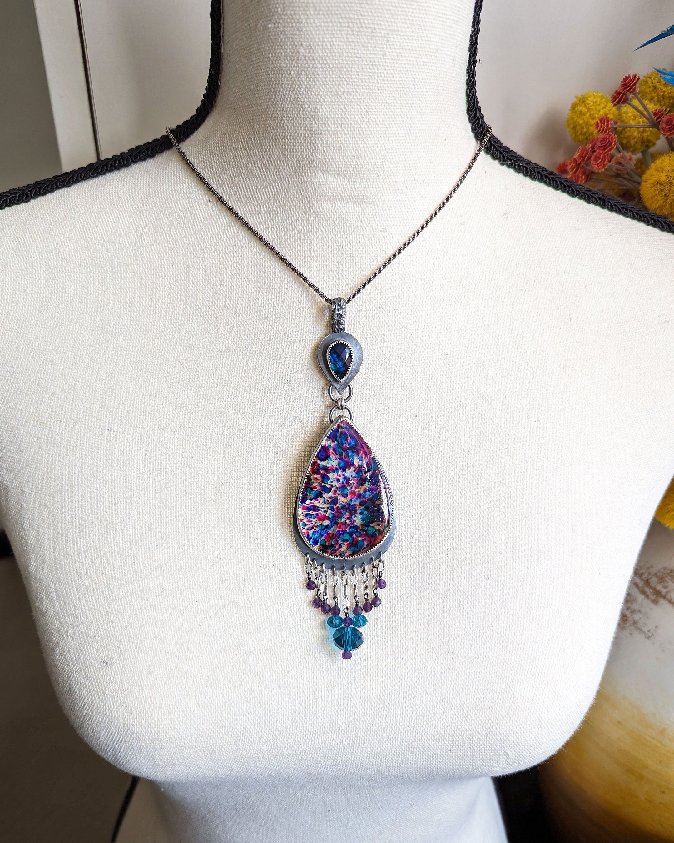 Bold gemstone pendant with abalone quartz and treated labradorite on bust for scale XL