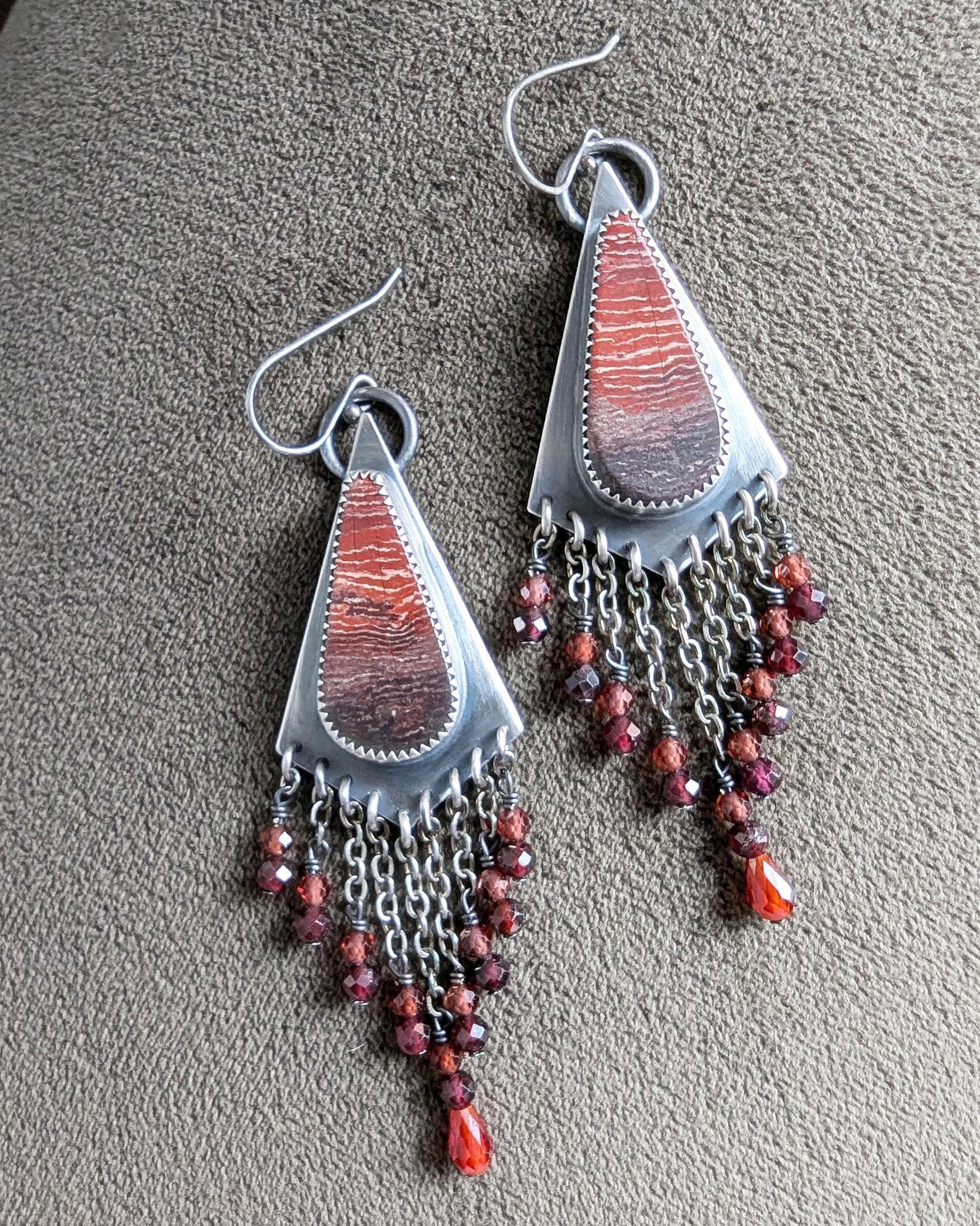 Garnet and CZ bead fringe cascading in V-point design