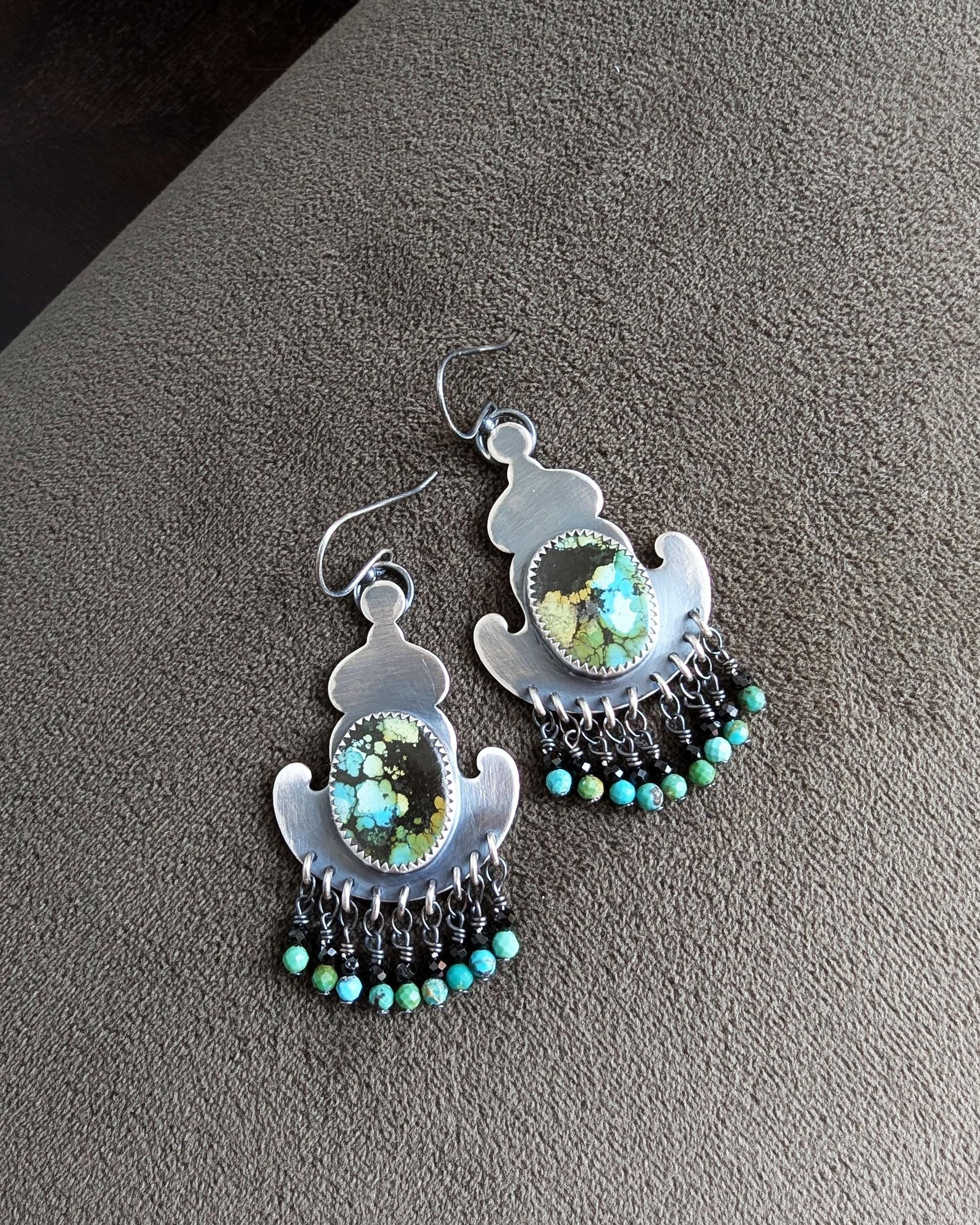 Artisan handmade turquoise earrings with baroque silver frame