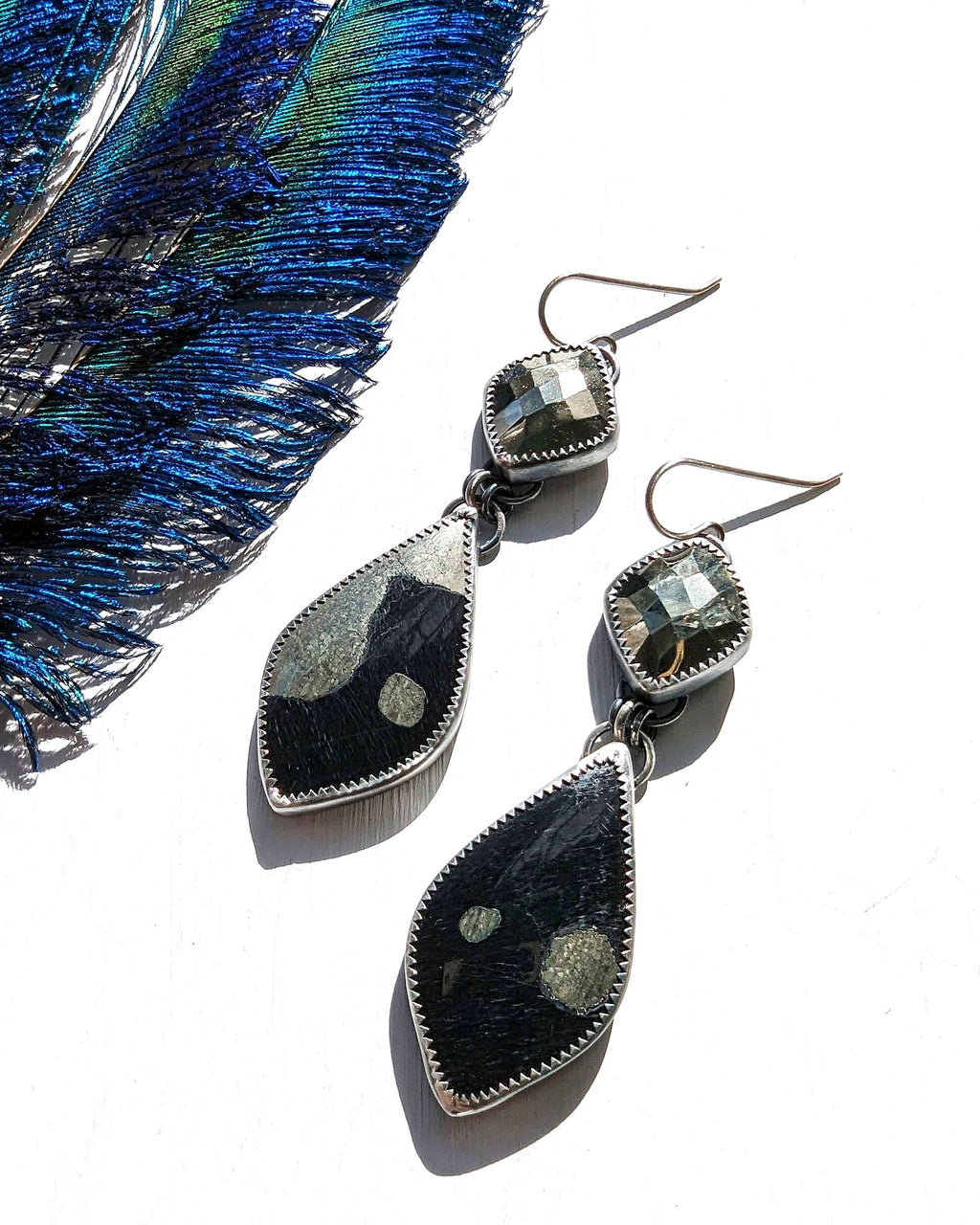 Rose cut pyrite and Apache pyrite drop earrings in oxidized sterling silver
