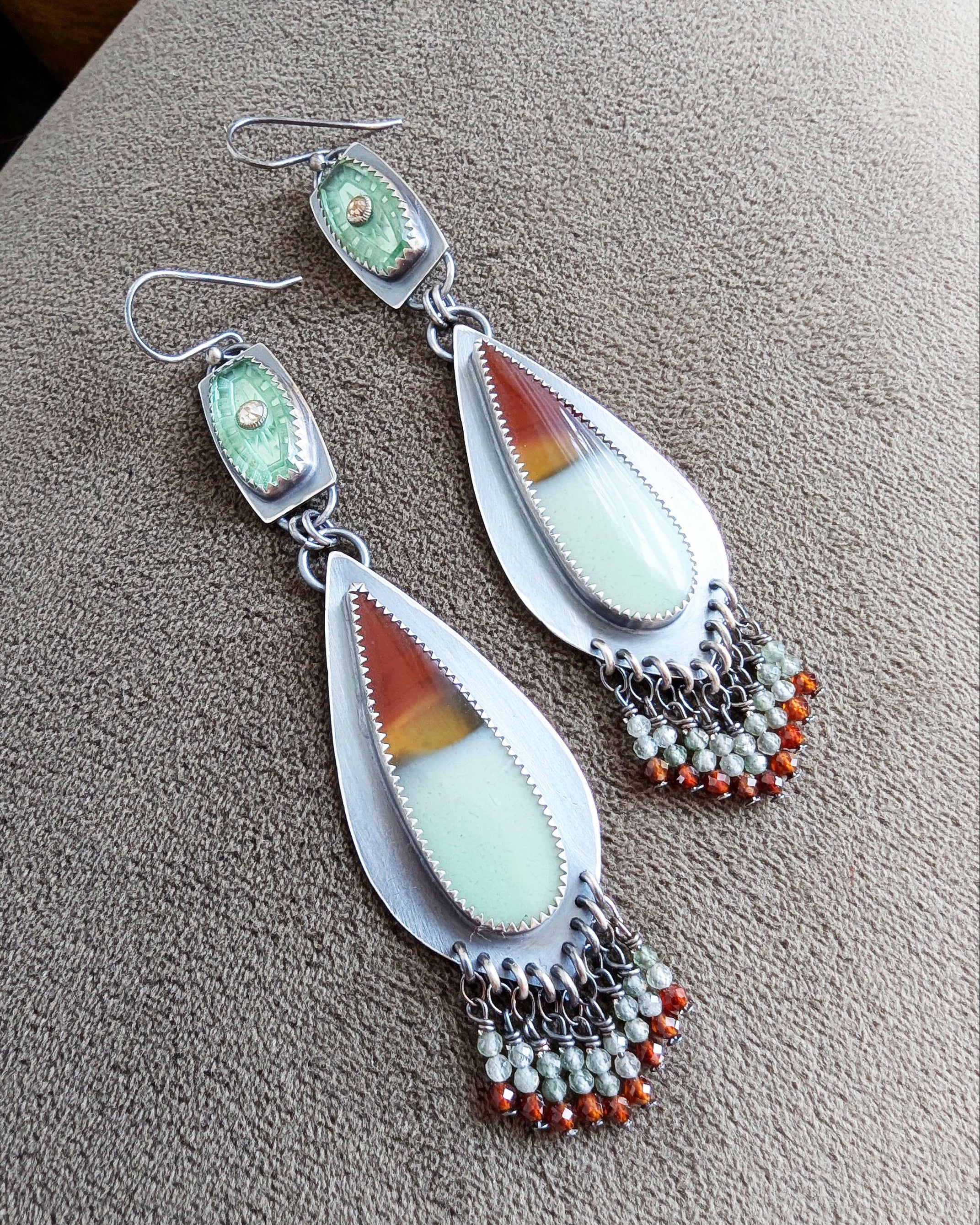 Nature inspired opalized wood statement earrings with earthy green and brown tones