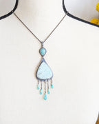 Peruvian blue-green stone with amazonite and fringe shown on bust and chain (not included) for scale