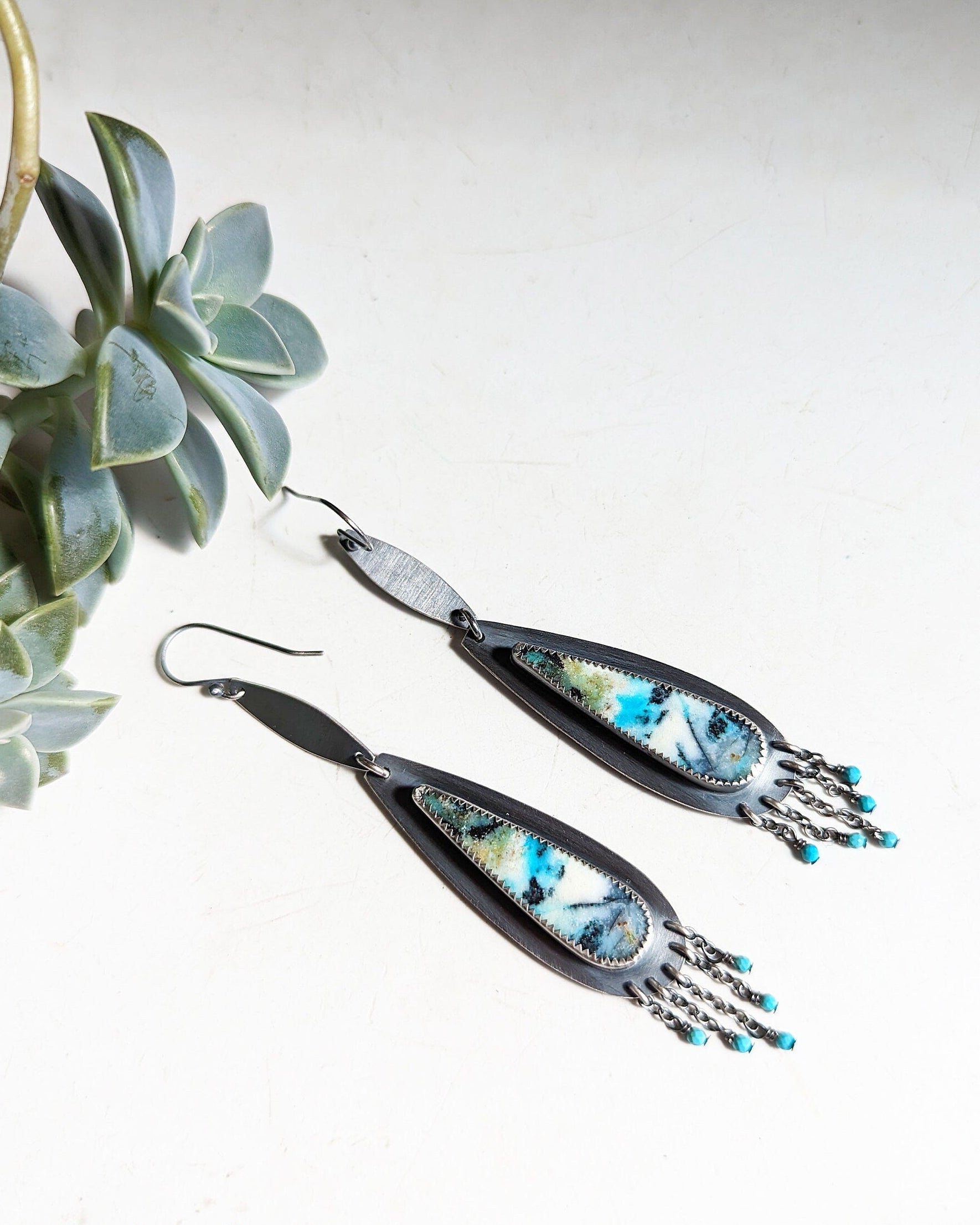 Pair of earrings with a blue and silver design, set against a light background with a plant.