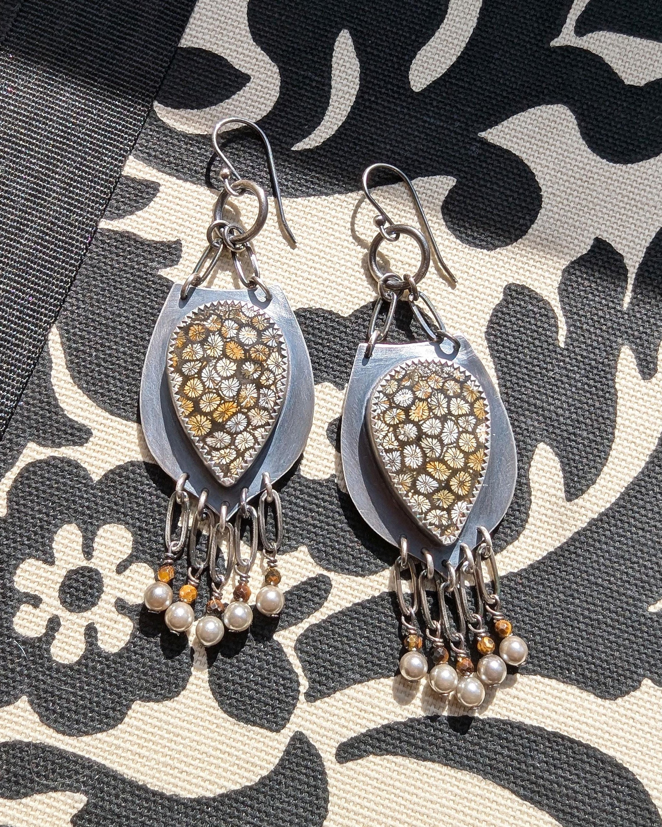Teardrop fossil coral earrings with tiger’s eye bead fringe