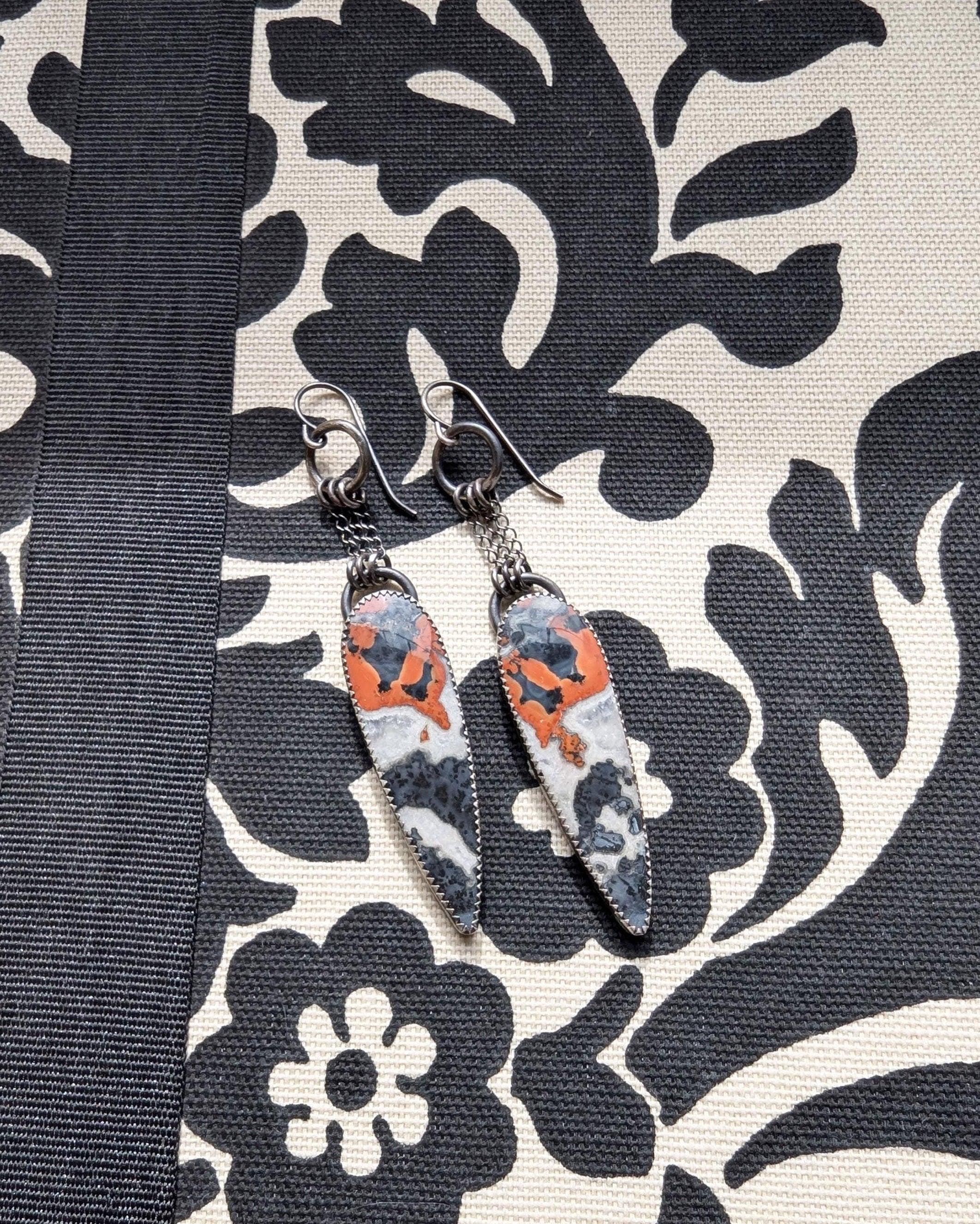 Multi color jasper chain drop earrings in oxidized sterling silver
