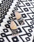 Boho chic earrings with natural agate stones and sparkling peach zircon accents
