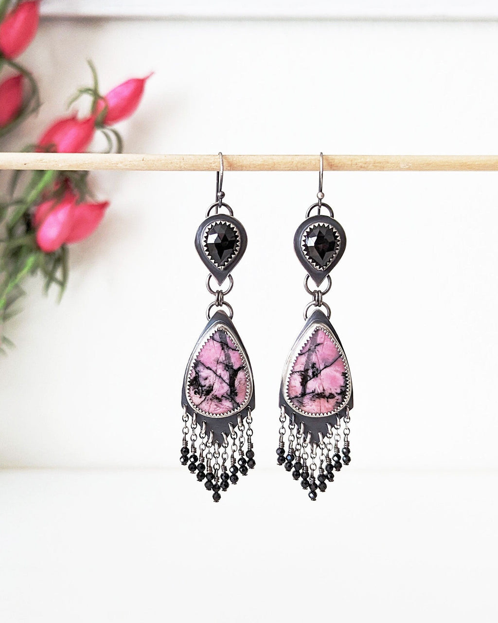 Black spinel and rhodonite statement earrings in oxidized sterling silver