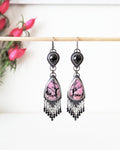 Black spinel and rhodonite statement earrings in oxidized sterling silver