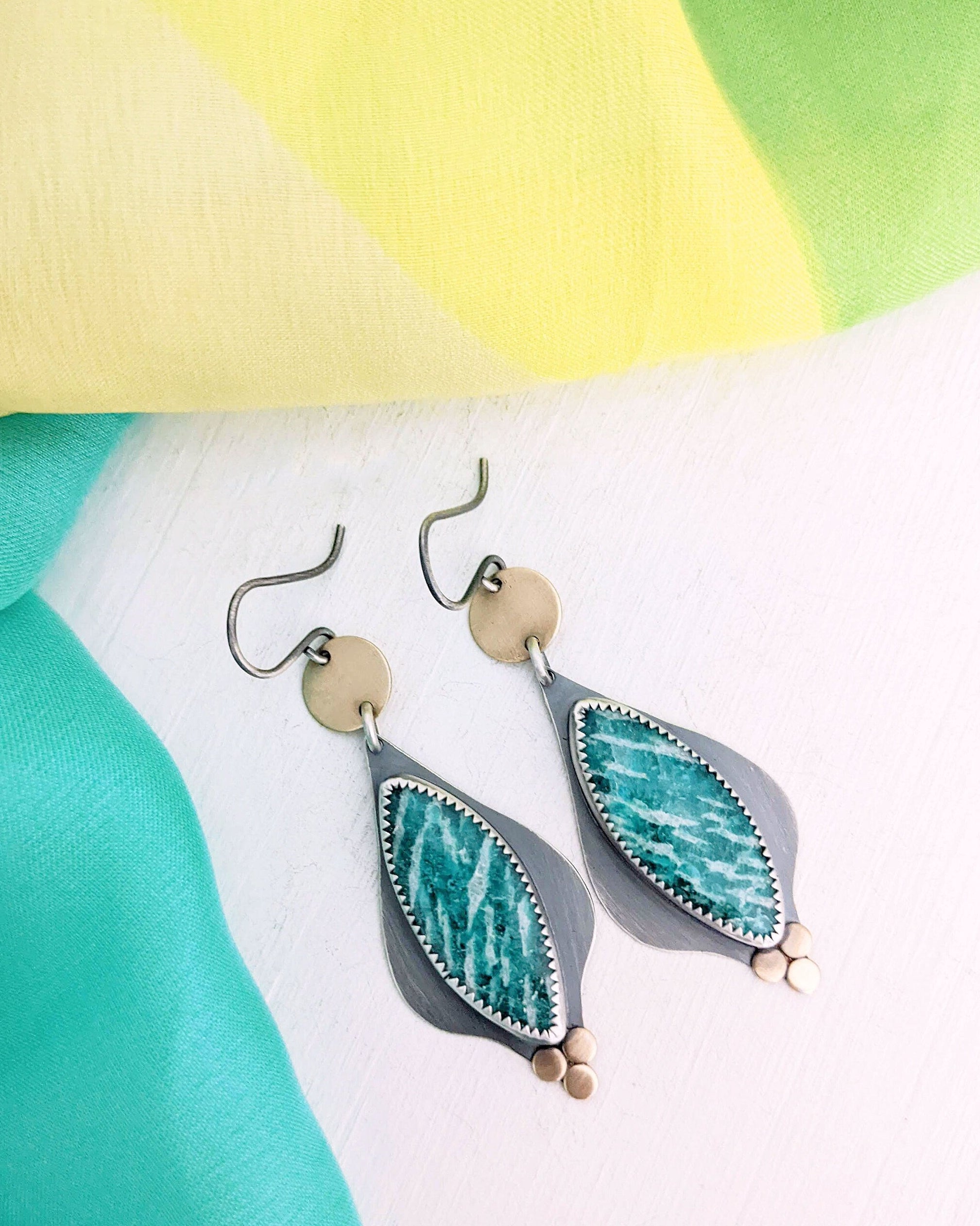 Mixed metal brass coin amazonite dangle earrings