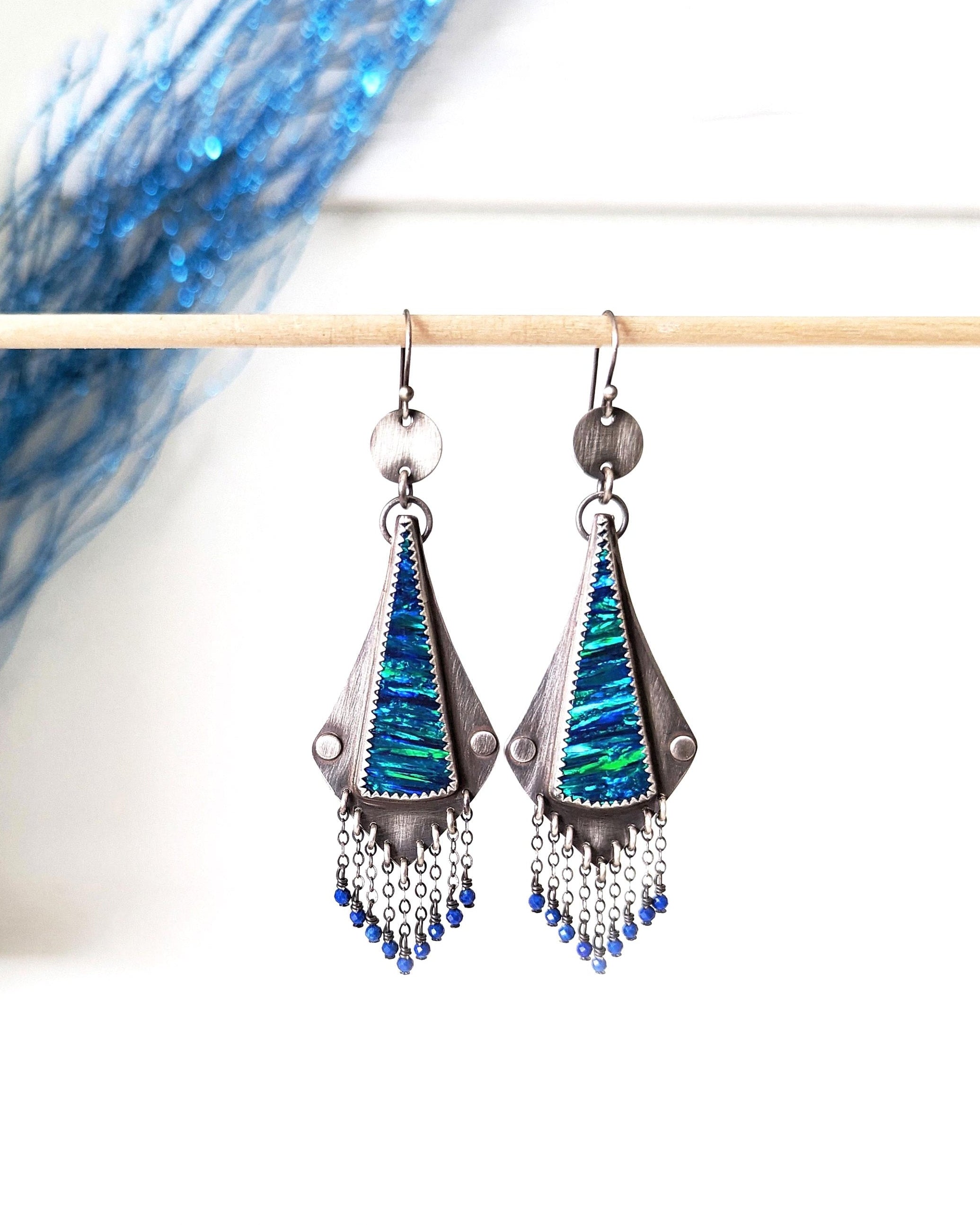 Electric blue synthetic fire opal drop earrings