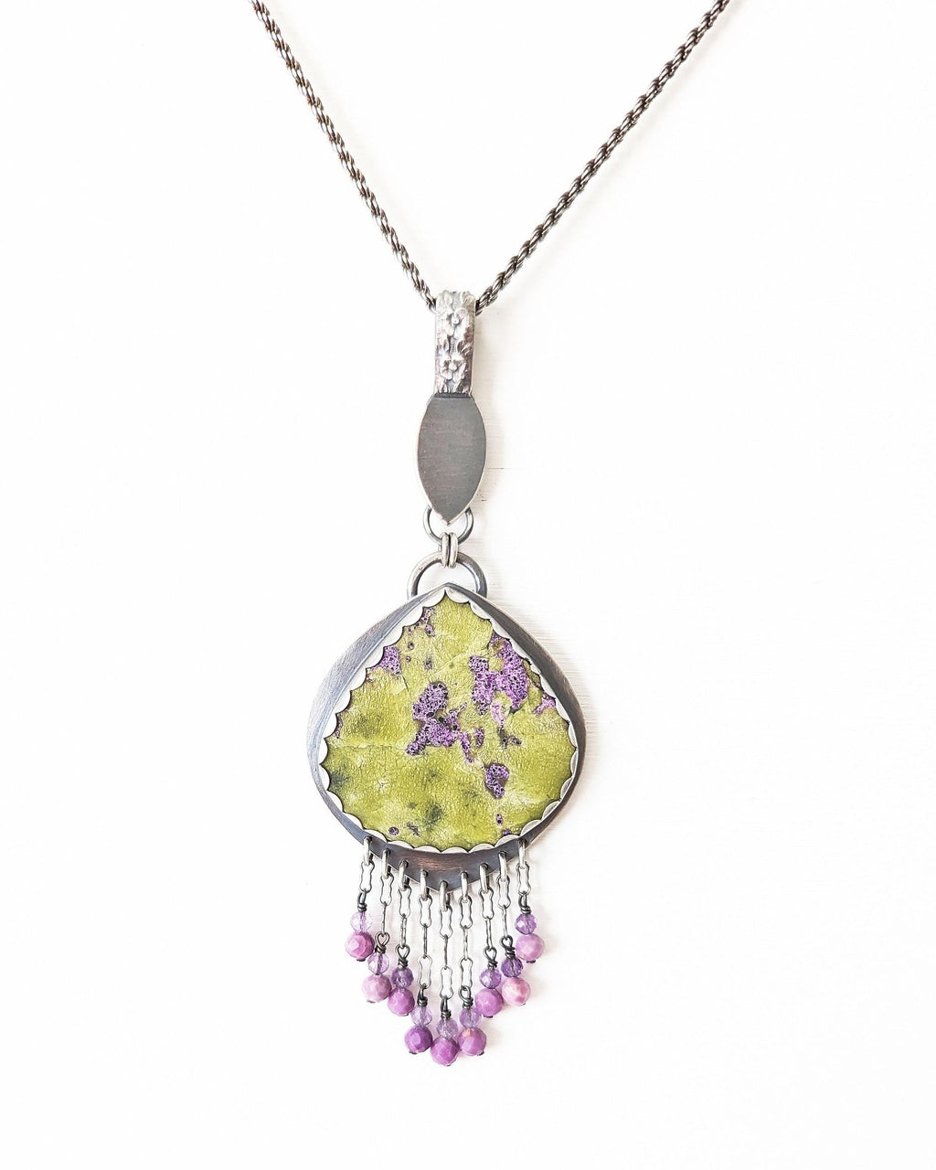 Oxidized sterling silver necklace with stichtite and serpentine stone on chain (not included)