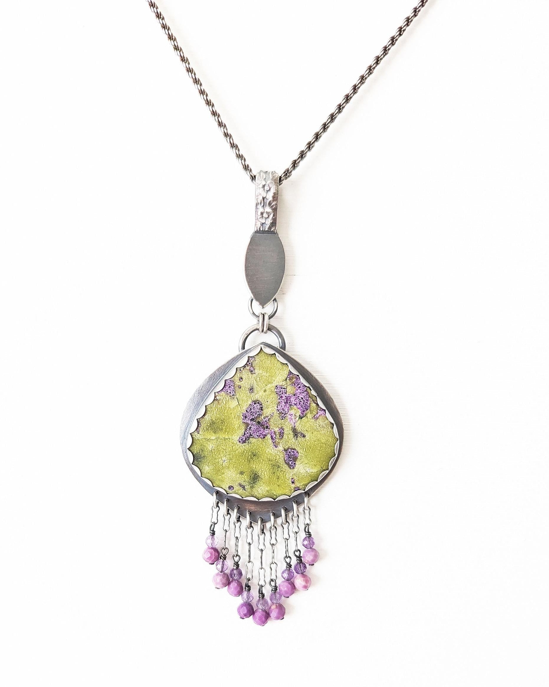 Oxidized sterling silver necklace with stichtite and serpentine stone on chain (not included)
