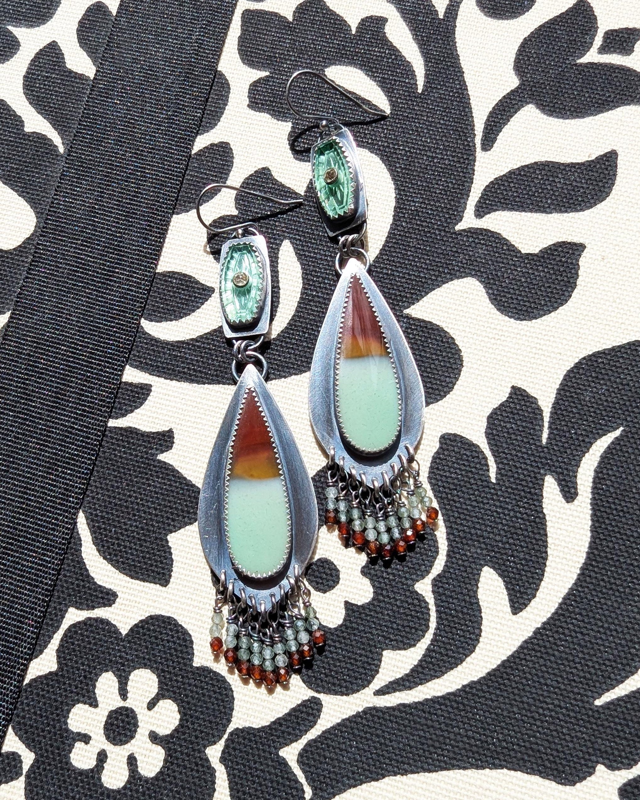 Artisan handmade opalized wood earrings with rutile and garnet bead fringe