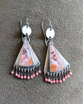 Sugar palm root coin drop earrings with pink coral bead fringe