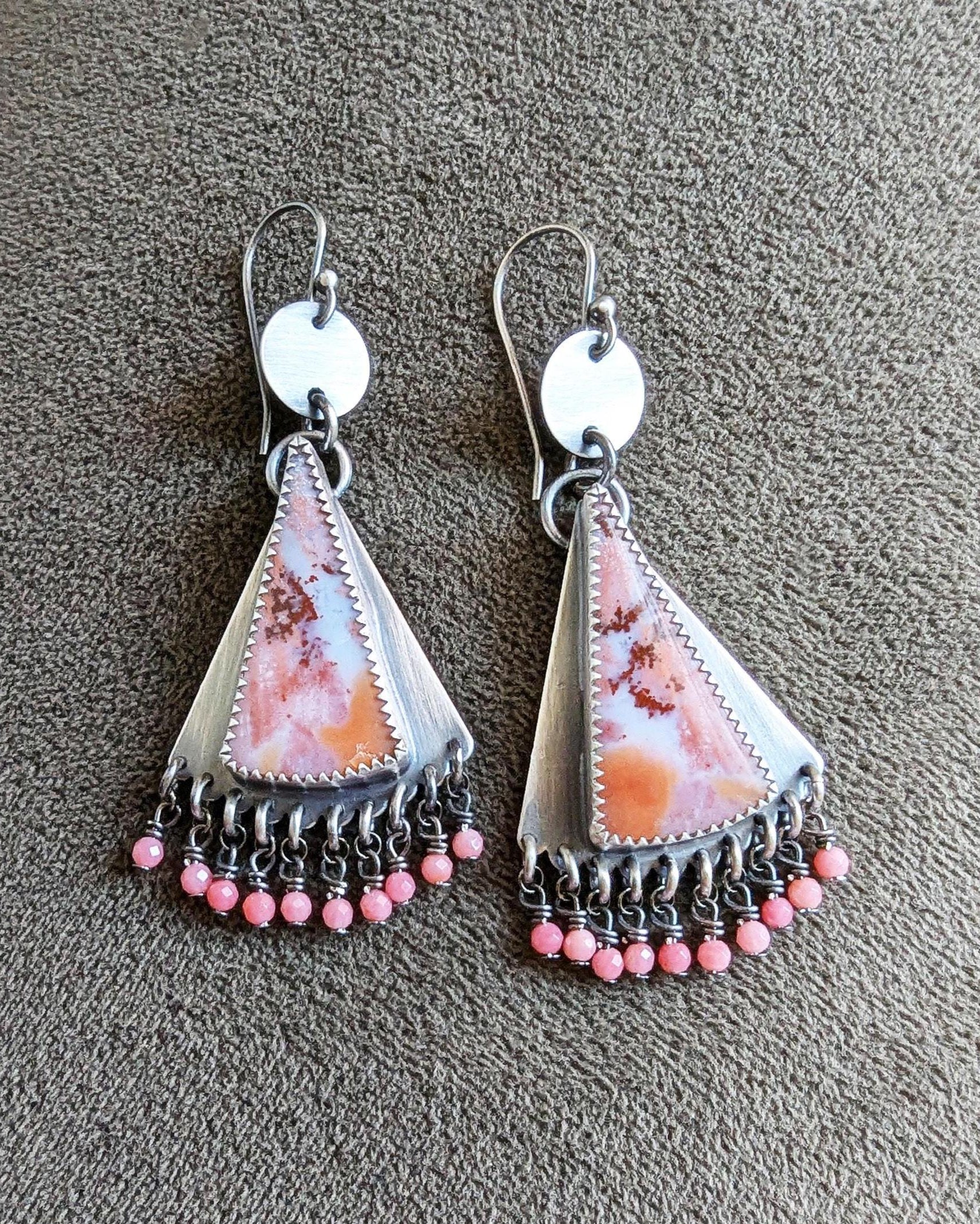 Sugar palm root coin drop earrings with pink coral bead fringe