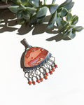 Orange agate fringe pendant with coral beads in oxidized sterling silver