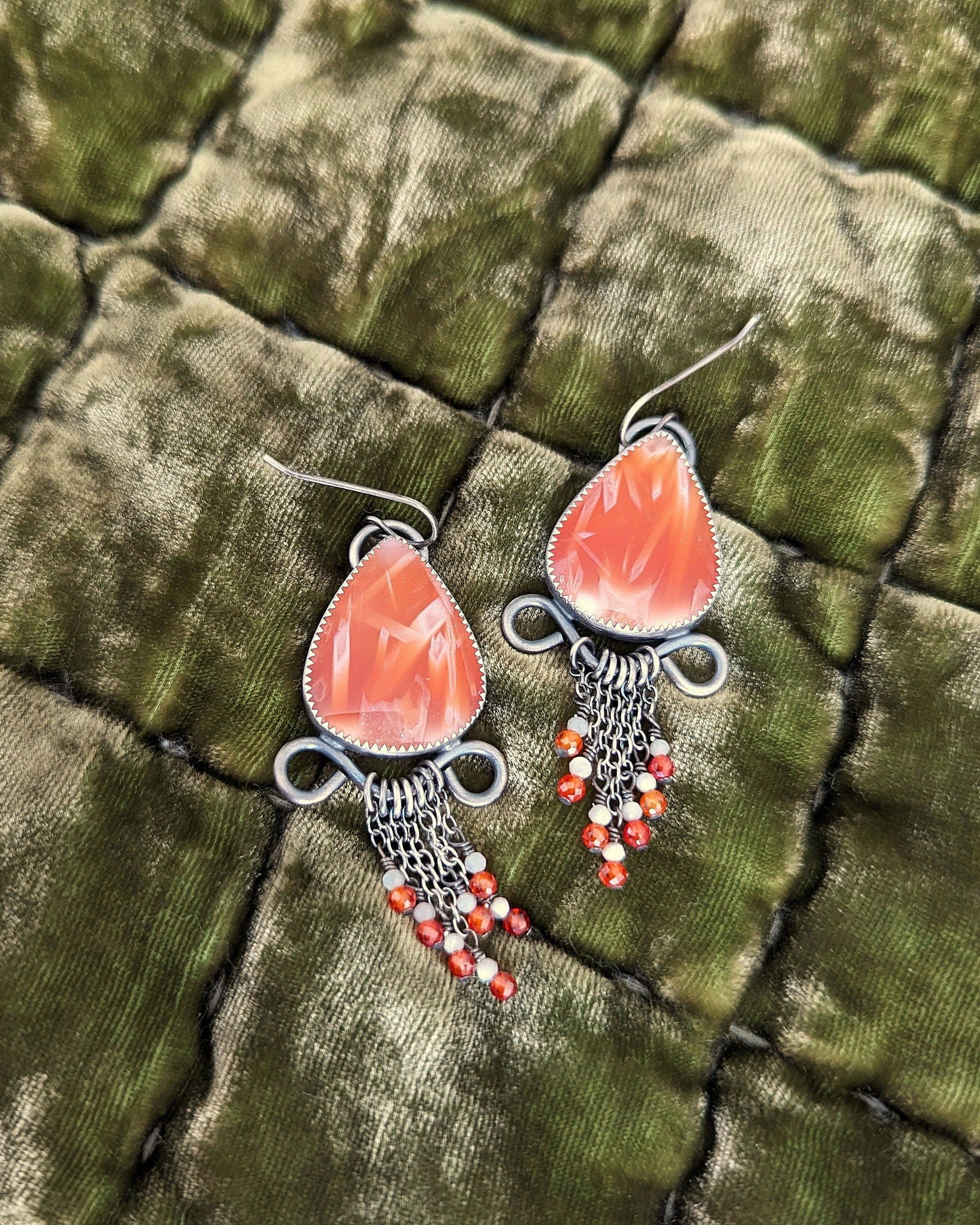 Mother of pearl and orange CZ bead fringe detail