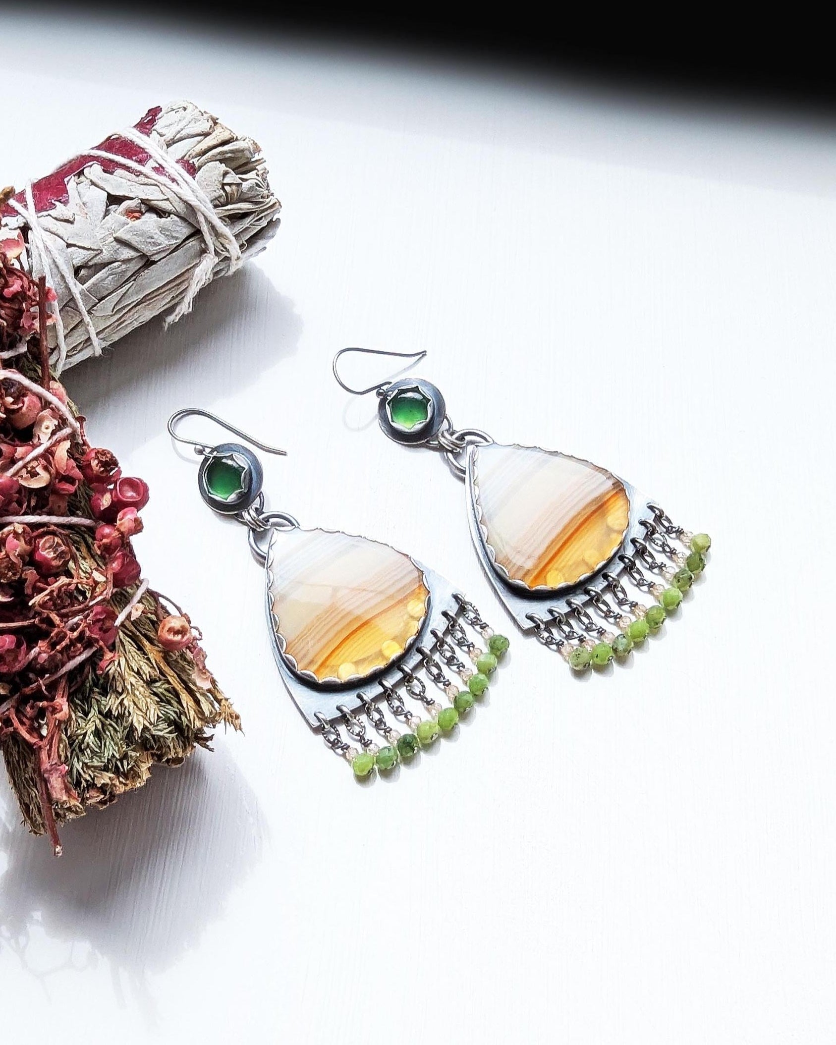 Banded agate and serpentine statement earrings with nephrite fringe