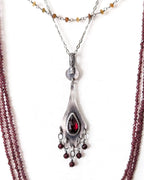 Rose cut red garnet pendant in oxidized sterling silver on chain with layering necklaces (not included)