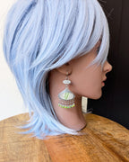 Nephrite jade and natural silver zircon bead fringe detail on mannequin for scale