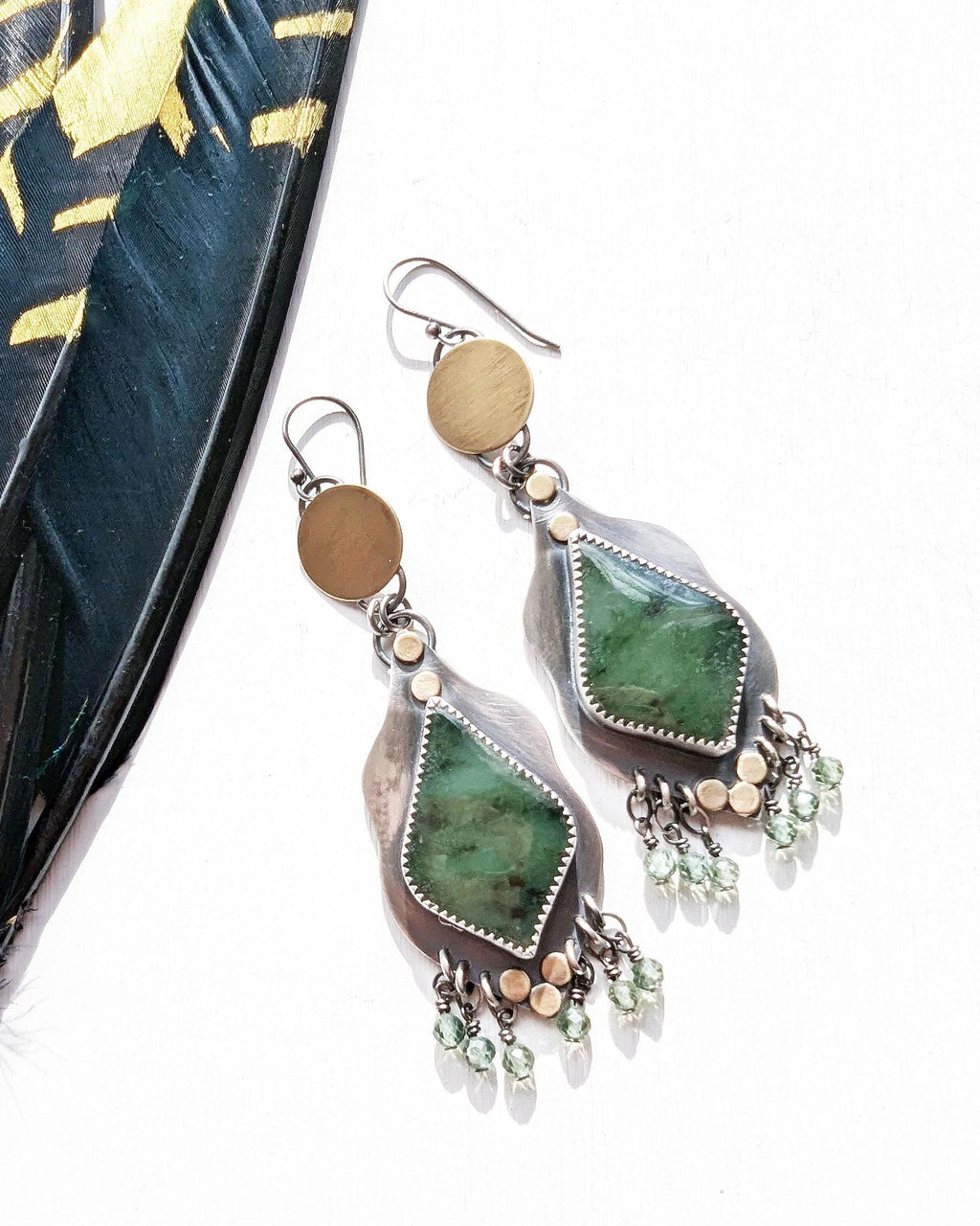 Mixed metal nephrite earrings with green apatite bead fringe