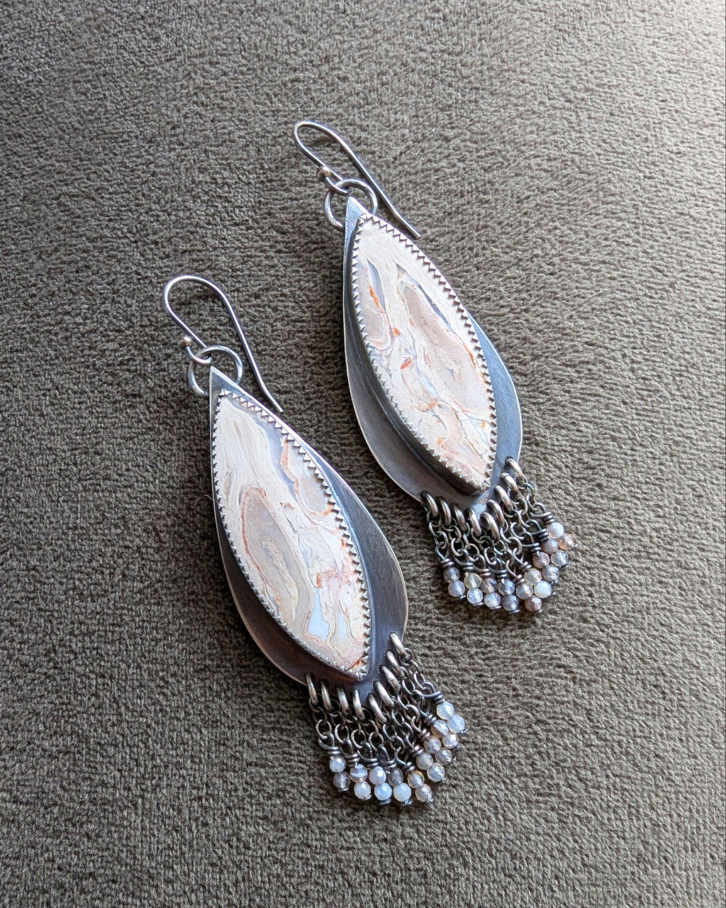 beige, grey, with orange speck gemstone earrings in long marquis shape with beads by Rebellenhaus