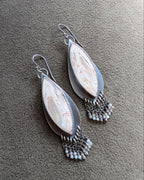 beige, grey, with orange speck gemstone earrings in long marquis shape with beads by Rebellenhaus