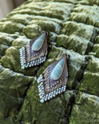 Diamond shaped silver frame earrings with chain fringe