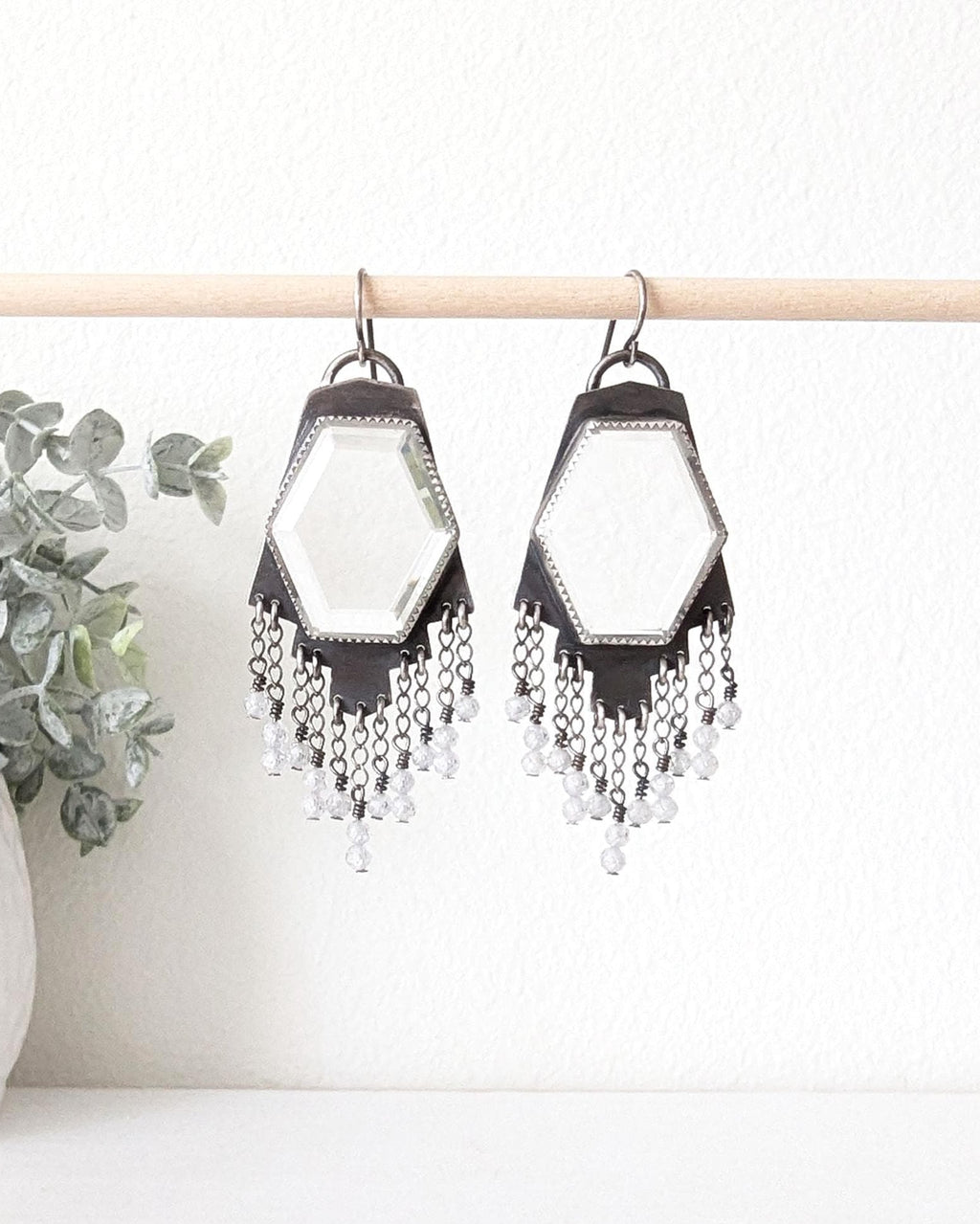 Hydro quartz crystal earrings with stepped fringe in oxidized sterling silver
