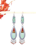 Opalized wood leaf earrings in sterling silver with vintage green glass cabochons